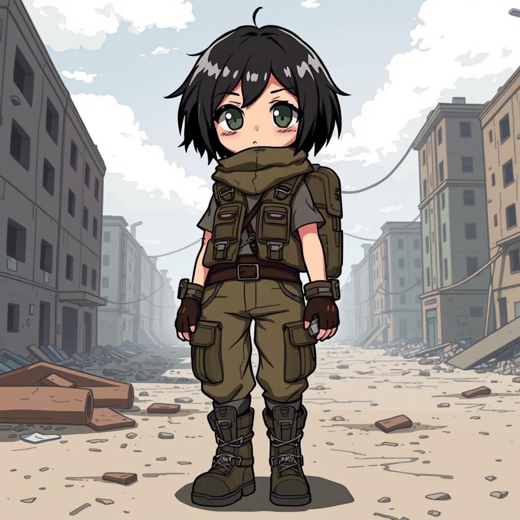 An anime character with black short hair and a cute face, wearing rugged clothes suitable for a zombie apocalypse
