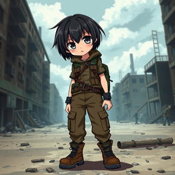 An anime character with black short hair and a cute face, wearing rugged clothes suitable for a zombie apocalypse