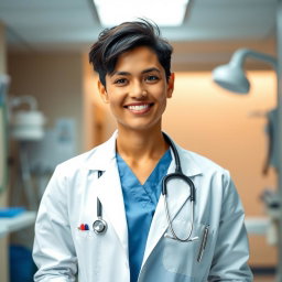 A medical professional dressed in a stylish, modern medical outfit