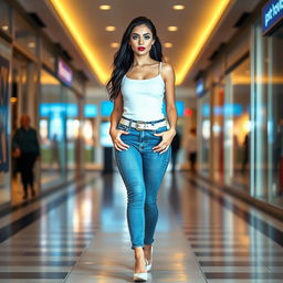 A full length photograph of a stunning and beautiful 18-year-old woman with pale skin, black hair, and mesmerizing crystal blue eyes