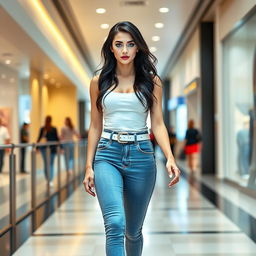 A full length photograph of a stunning and beautiful 18-year-old woman with pale skin, black hair, and mesmerizing crystal blue eyes