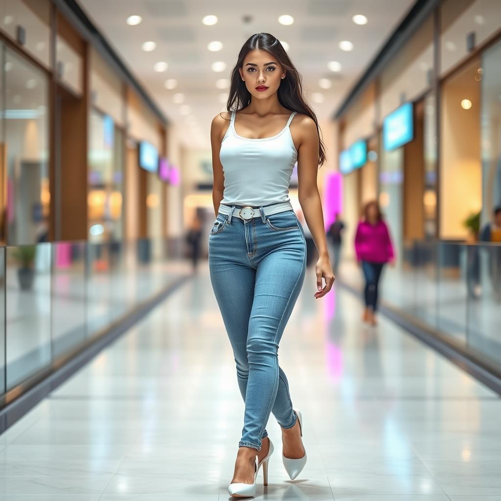 A full length photograph of a stunning and beautiful 18-year-old woman with pale skin, black hair, and mesmerizing crystal blue eyes