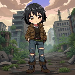 An anime character with striking black short hair and a cute face, dressed in rugged zombie apocalypse attire