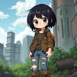 An anime character with striking black short hair and a cute face, dressed in rugged zombie apocalypse attire