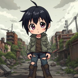 An anime character with striking black short hair and a cute face, dressed in rugged zombie apocalypse attire
