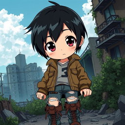 An anime character with striking black short hair and a cute face, dressed in rugged zombie apocalypse attire