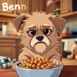 A cute dog named Ben, looking grumpy while eating his food