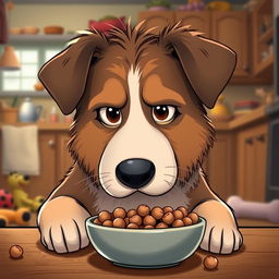 A cute dog named Ben, looking grumpy while eating his food