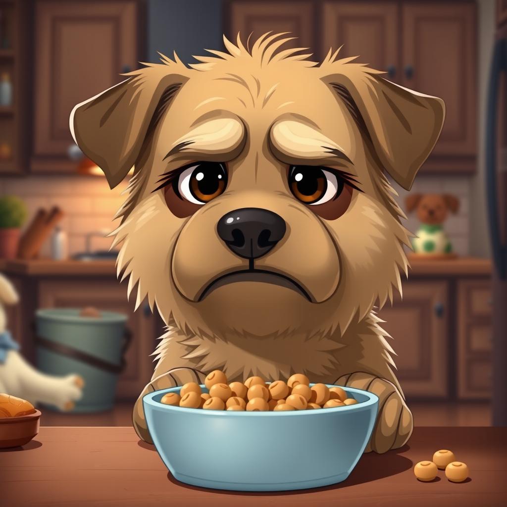 A cute dog named Ben, looking grumpy while eating his food