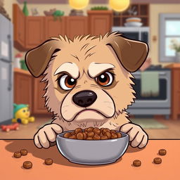 A cute dog named Ben, looking grumpy while eating his food