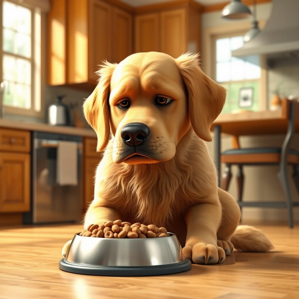 A realistic 3D depiction of a dog named Ben, a medium-sized golden retriever, sitting in a kitchen