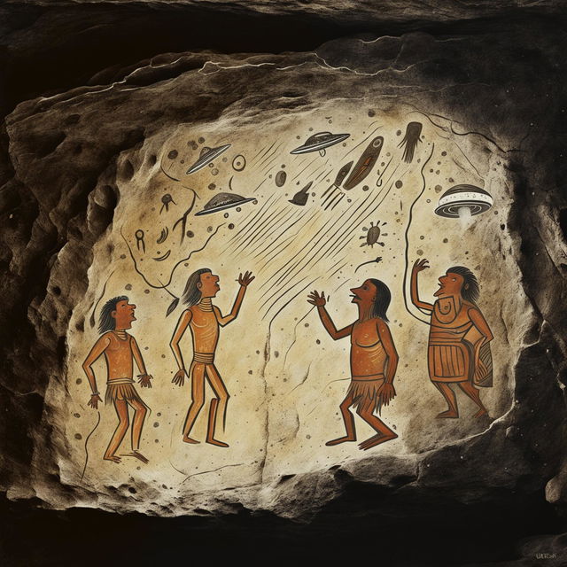 A high-quality digital artwork that uses the style of ancient cave drawings to depict man's first encounters with UFOs