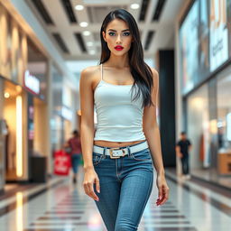 A full length photograph of a sexy and stunning 18-year-old woman with pale skin, sleek black hair, and striking crystal blue eyes