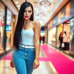 A full length photograph of a sexy and stunning 18-year-old woman with pale skin, sleek black hair, and striking crystal blue eyes