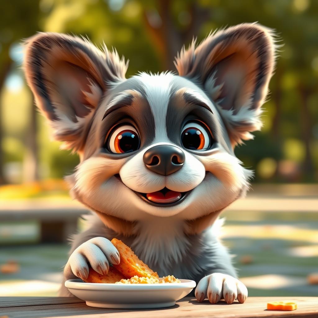 A cute smiling dog with big ears happily eating