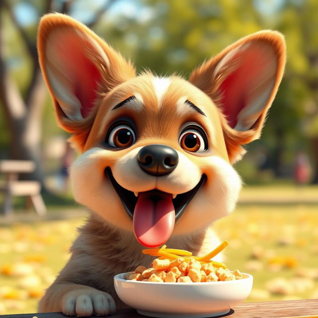 A cute smiling dog with big ears happily eating
