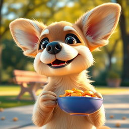A cute smiling dog with big ears happily eating