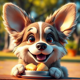 A cute smiling dog with big ears happily eating