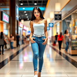 A full length photograph of a sexy, stunning, and beautiful 18-year-old girl with pale skin, sleek black hair, and captivating crystal blue eyes