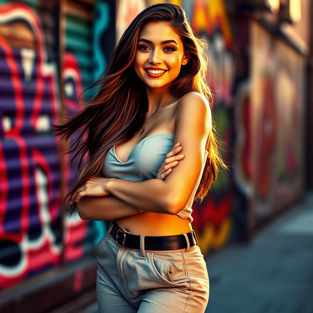A beautiful young woman standing confidently in a stylish outfit that accentuates her curves