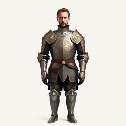 A figure standing straight with a confident posture, wearing intricately designed medieval armor that showcases elaborate details such as engravings, ornate patterns, and a gleaming finish