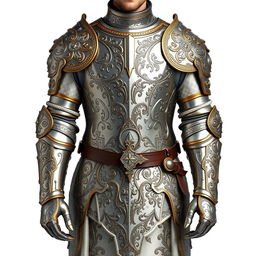 A figure standing straight with a confident posture, wearing intricately designed medieval armor that showcases elaborate details such as engravings, ornate patterns, and a gleaming finish