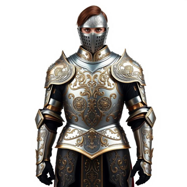A figure standing straight with a confident posture, wearing intricately designed medieval armor that showcases elaborate details such as engravings, ornate patterns, and a gleaming finish