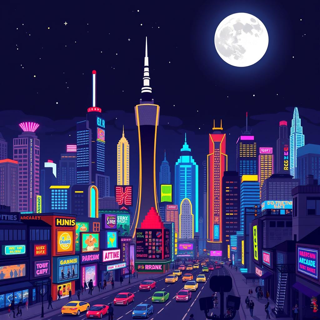 A vibrant, pixelated city skyline at night, illuminated with colorful neon lights