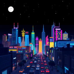 A vibrant, pixelated city skyline at night, illuminated with colorful neon lights