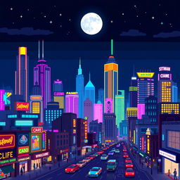 A vibrant, pixelated city skyline at night, illuminated with colorful neon lights