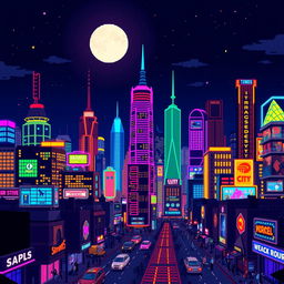 A vibrant, pixelated city skyline at night, illuminated with colorful neon lights