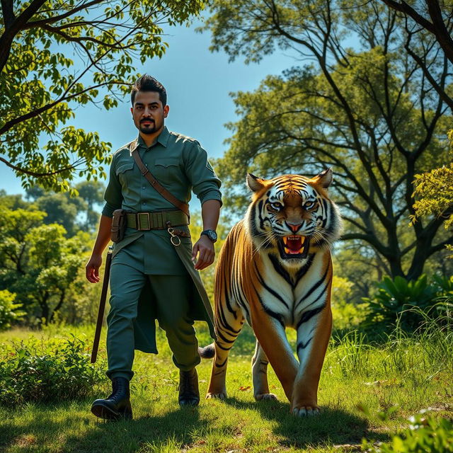A powerful scene featuring a man in Kopassus military attire, exuding strength and bravery