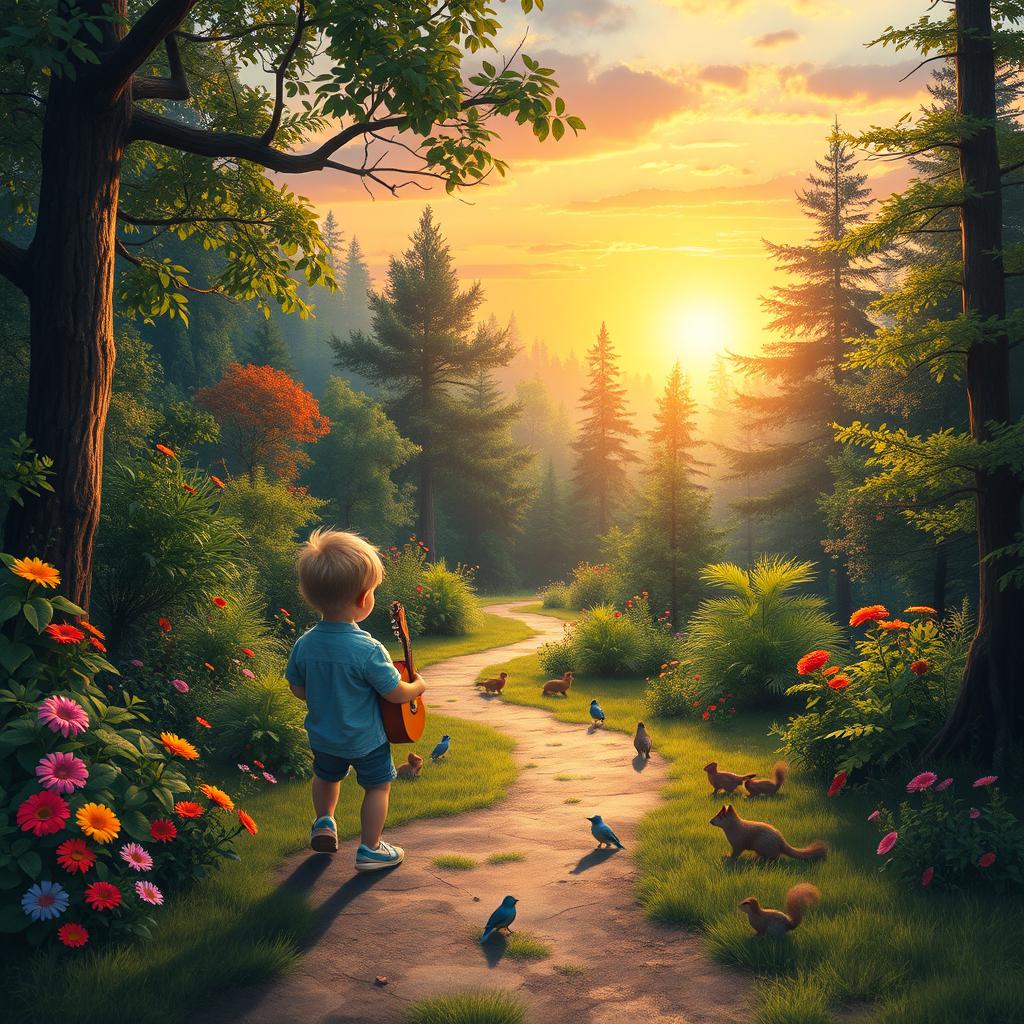 A picturesque sunrise over a lush forest, bursting with vibrant colors of green foliage, multicolored flowers, and gentle wildlife like birds and squirrels