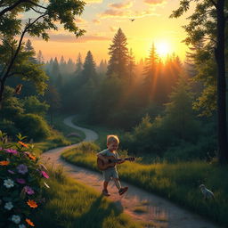 A picturesque sunrise over a lush forest, bursting with vibrant colors of green foliage, multicolored flowers, and gentle wildlife like birds and squirrels