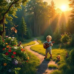 A picturesque sunrise over a lush forest, bursting with vibrant colors of green foliage, multicolored flowers, and gentle wildlife like birds and squirrels