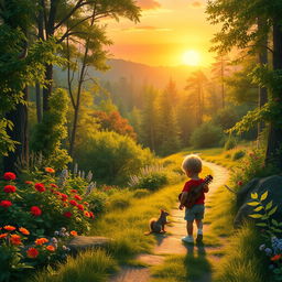 A picturesque sunrise over a lush forest, bursting with vibrant colors of green foliage, multicolored flowers, and gentle wildlife like birds and squirrels