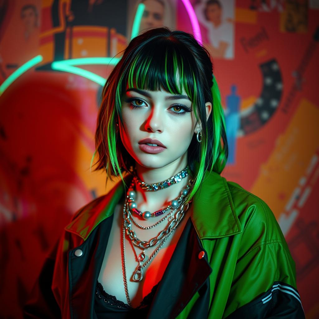 A stunning portrait of Billie Eilish with her signature green and black hair, wearing a stylish oversized outfit and statement jewelry