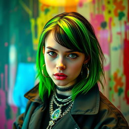 A stunning portrait of Billie Eilish with her signature green and black hair, wearing a stylish oversized outfit and statement jewelry