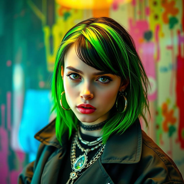 A stunning portrait of Billie Eilish with her signature green and black hair, wearing a stylish oversized outfit and statement jewelry