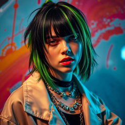 A stunning portrait of Billie Eilish with her signature green and black hair, wearing a stylish oversized outfit and statement jewelry