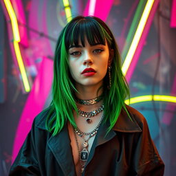 A stunning portrait of Billie Eilish with her signature green and black hair, wearing a stylish oversized outfit and statement jewelry