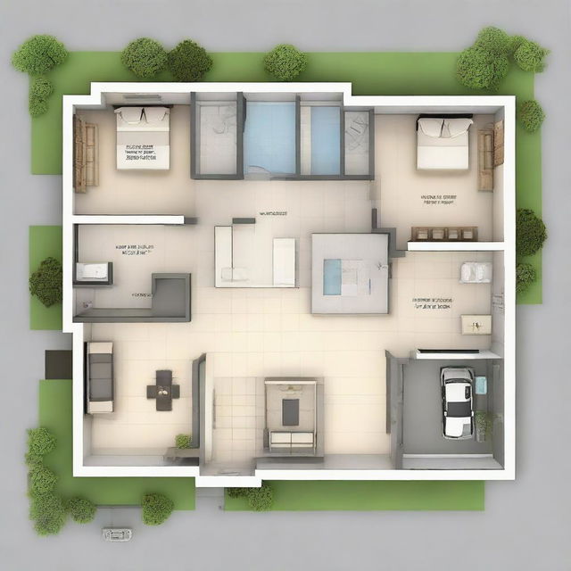 A meticulously crafted 2 bedroom and 2 bathroom plot map design featuring a dedicated car parking area, showcasing the floor plan layout and each room's detailed placement.