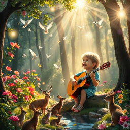 A magical forest scene where a child is playing the guitar and singing joyfully to God