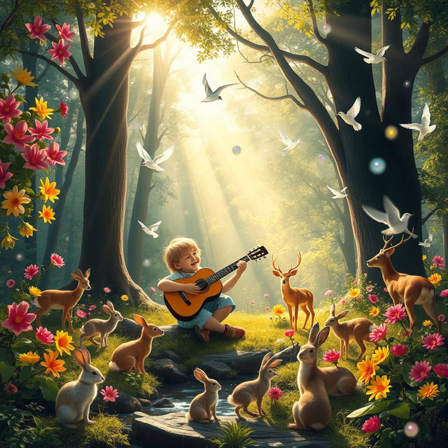 A magical forest scene where a child is playing the guitar and singing joyfully to God