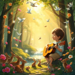 A magical forest scene where a child is playing the guitar and singing joyfully to God