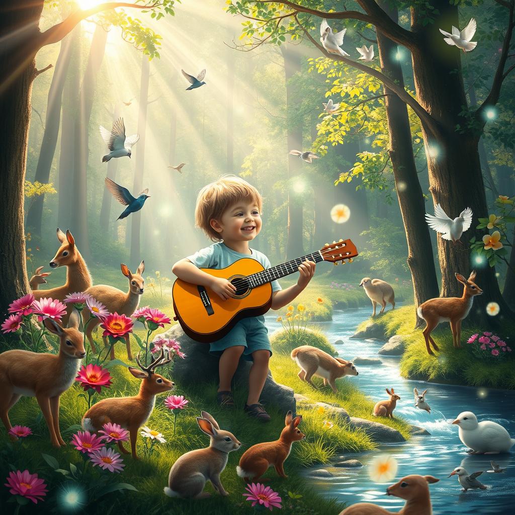 A magical forest scene where a child is playing the guitar and singing joyfully to God