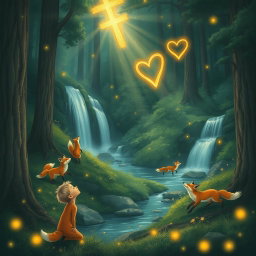 A serene and enchanting forest scene where a child’s voice fills the air with a beautiful chorus of praise, including words like 'Hallelujah' and 'Thank You, Lord