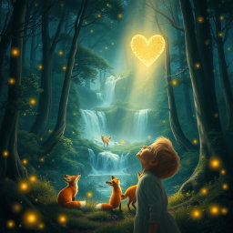 A serene and enchanting forest scene where a child’s voice fills the air with a beautiful chorus of praise, including words like 'Hallelujah' and 'Thank You, Lord