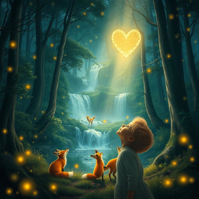 A serene and enchanting forest scene where a child’s voice fills the air with a beautiful chorus of praise, including words like 'Hallelujah' and 'Thank You, Lord
