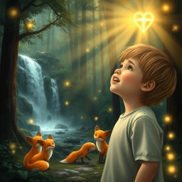 A serene and enchanting forest scene where a child’s voice fills the air with a beautiful chorus of praise, including words like 'Hallelujah' and 'Thank You, Lord